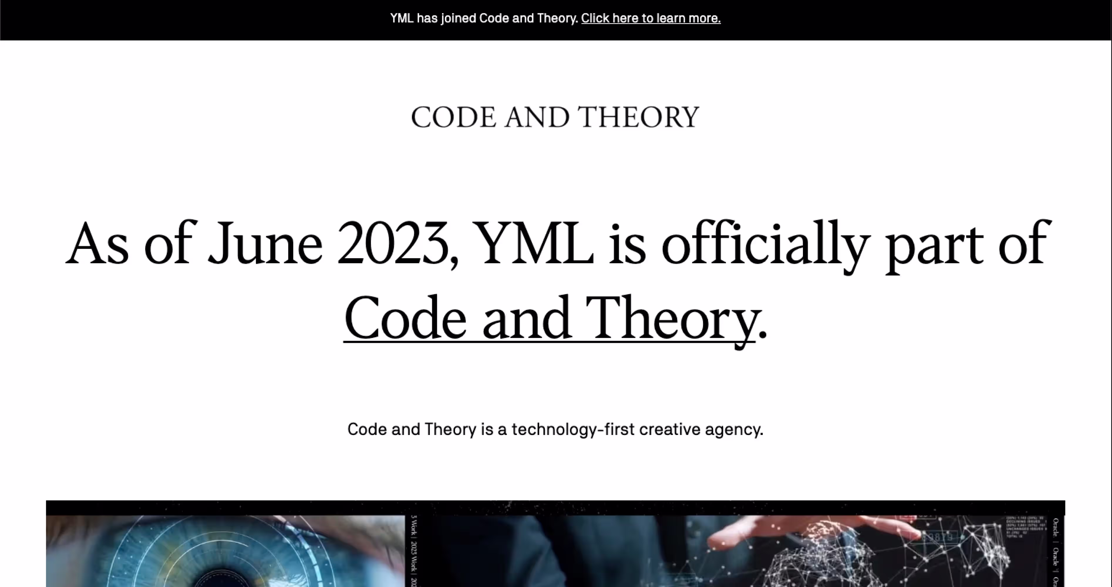 Code and Theory homepage announcing YML as part of the technology-first creative agency