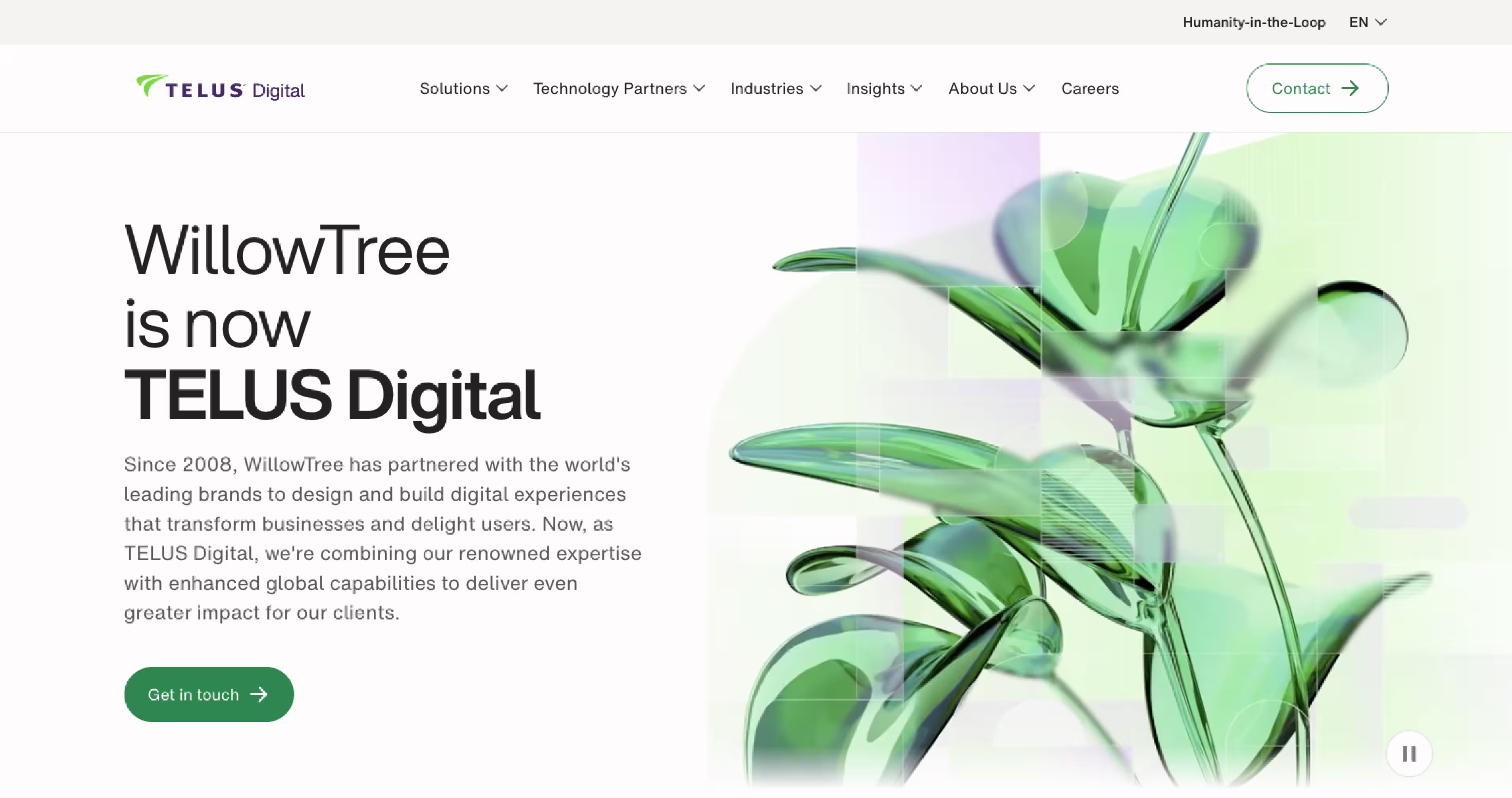 TELUS Digital homepage announcing WillowTree as part of TELUS Digital with brand experience design focus