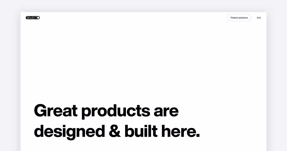 Selecto homepage screenshot, a boutique Dubai UI/UX design agency focused on fintech, crypto, and digital banking products