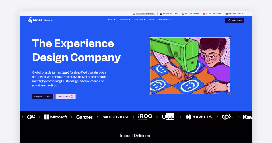 Tenet homepage screenshot, a Dubai-based digital product agency offering UI/UX design and development for fintech and BFSI platforms