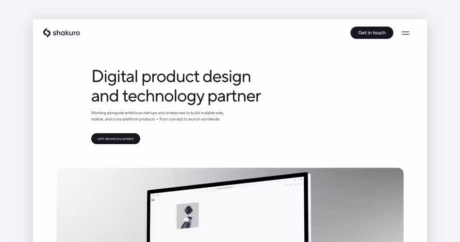 Shakuro homepage screenshot, a UI/UX design and development agency with UAE offices specializing in fintech, crypto, and investment platforms