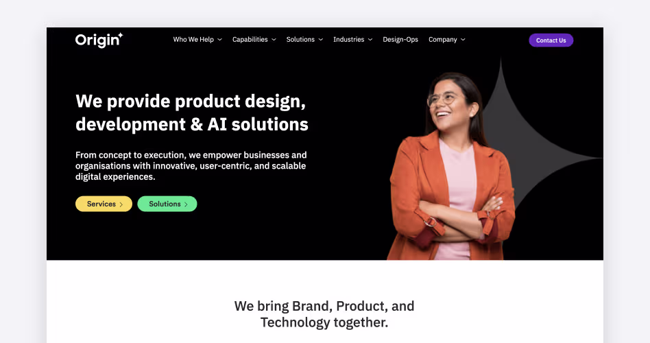 OriginUX homepage screenshot, a Dubai-based UX strategy and product discovery consultancy for MENA-focused fintech startups