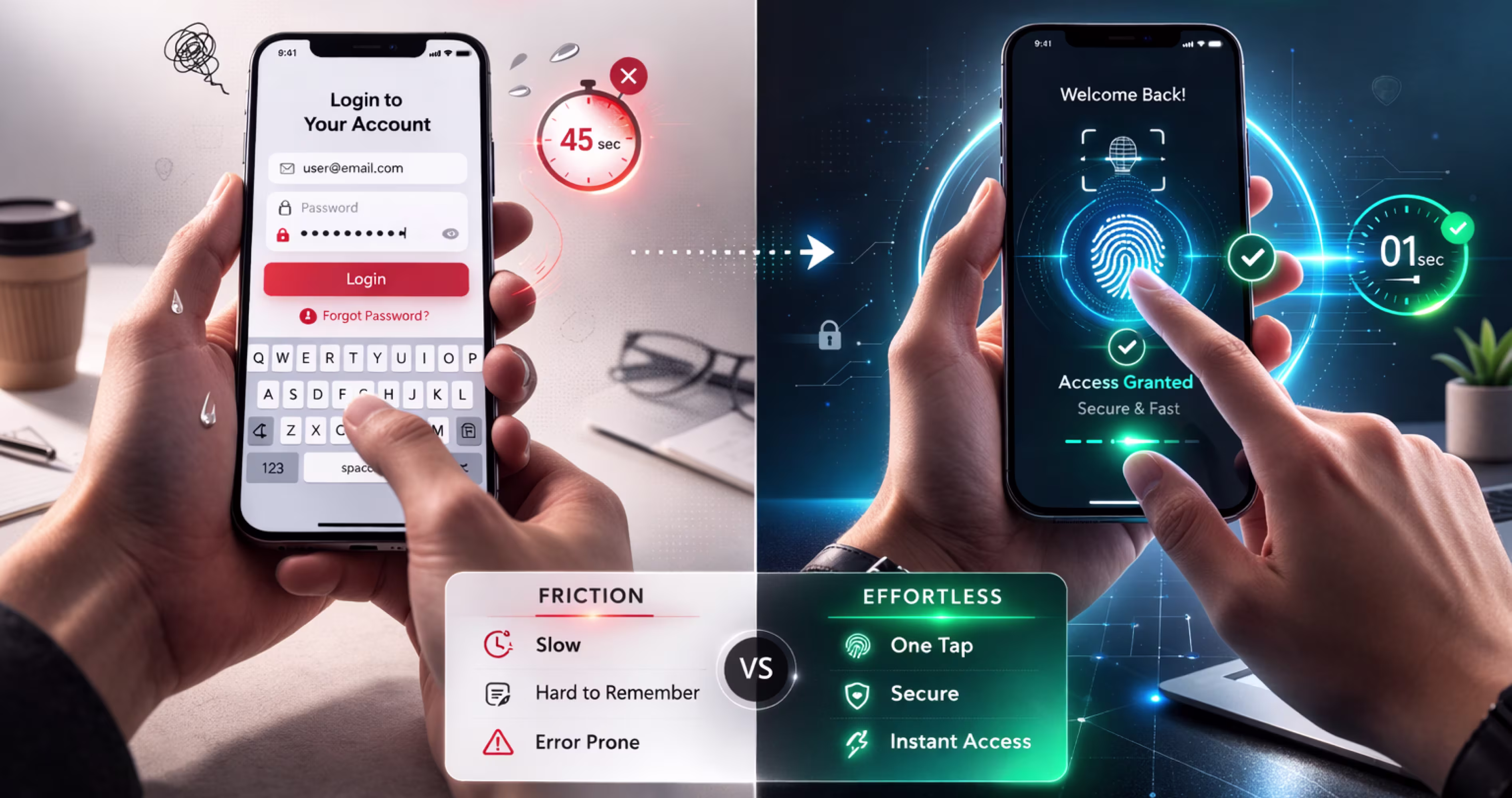 Comparison between password login friction and biometric login one tap access in mobile apps