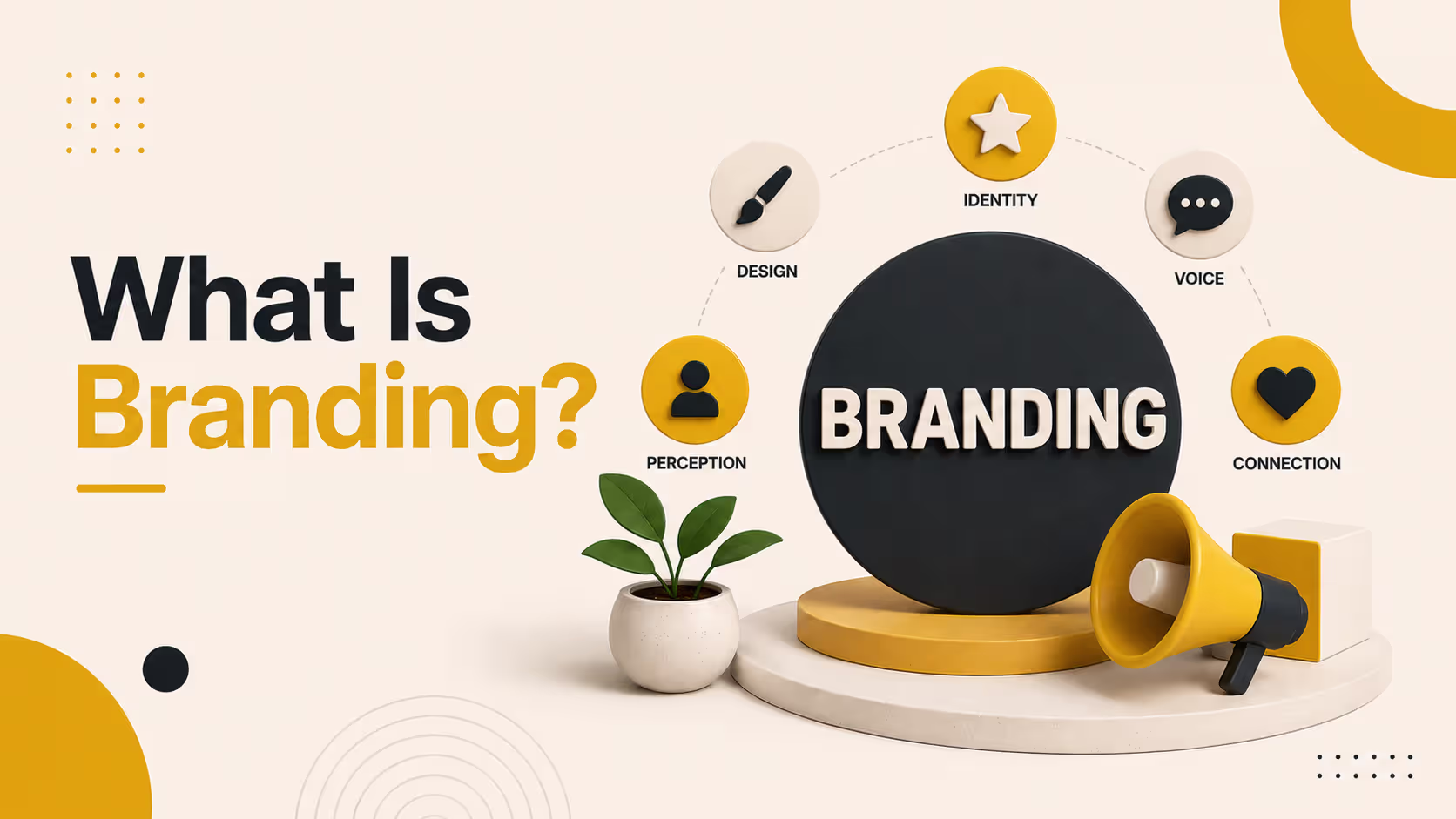 Illustration explaining branding as the strategic process of shaping perception through messaging, design, voice, and customer connection.