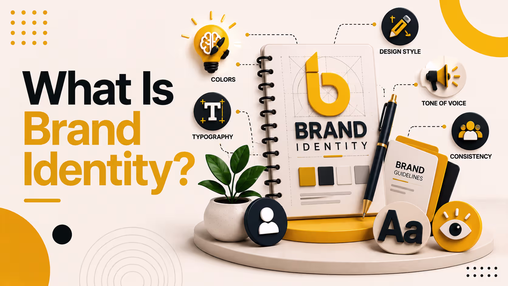 Illustration explaining brand identity, including logo, typography, colors, design style, tone of voice, consistency, and brand guidelines.