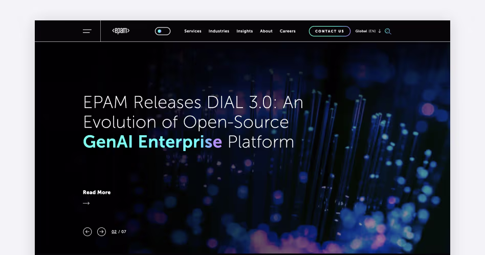 EPAM Systems homepage screenshot, a leading enterprise software development company for cloud migration and mission-critical platforms