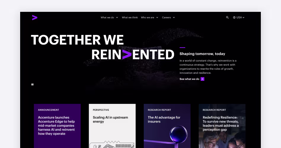 Accenture homepage screenshot, a global technology consulting and custom software development company for enterprise digital transformation