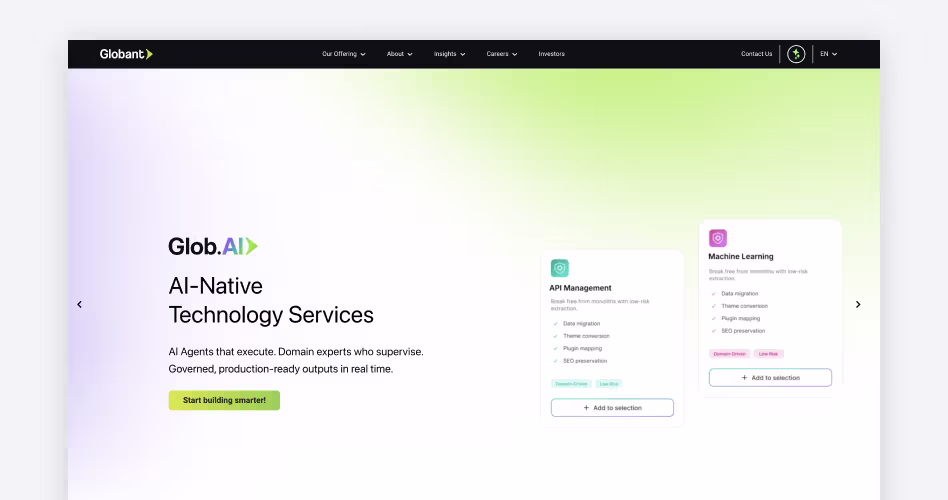 Globant homepage screenshot, an AI-native custom software development company for digital products and nearshore engineering