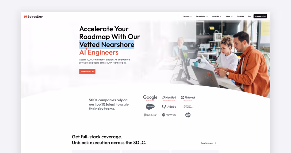 BairesDev homepage screenshot, a top nearshore software development company offering vetted engineering teams and staff augmentation