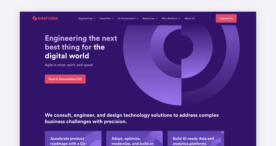 Simform homepage screenshot, a cloud-native custom software development company for SaaS platforms and AI-driven products
