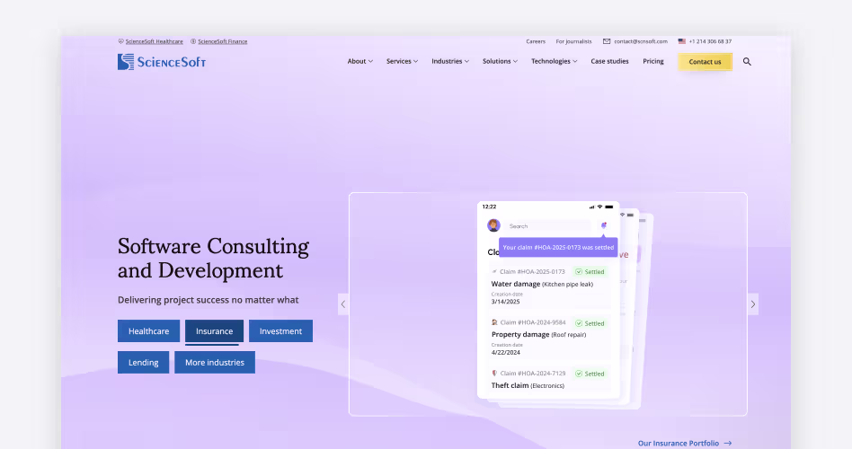 ScienceSoft homepage screenshot, a compliance-first custom software development company for healthcare and financial services