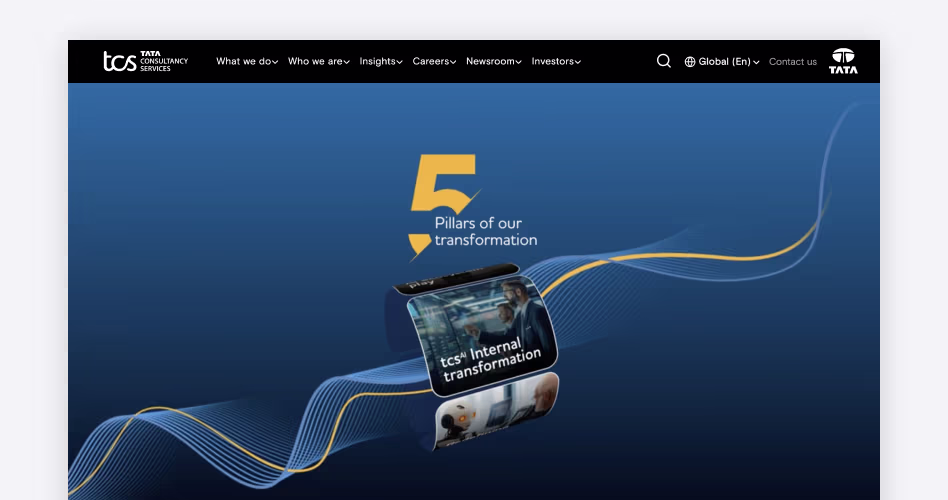 TCS (Tata Consultancy Services) homepage screenshot, a leading software development company for enterprise banking and mission-critical systems