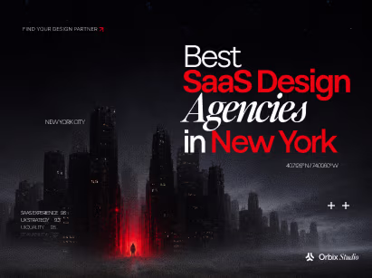 Best SaaS design agencies in New York City showing NYC skyline with 98% SaaS experience 95% UX strategy 95% UI quality and 92% scalability ratings for finding your design partner in New York