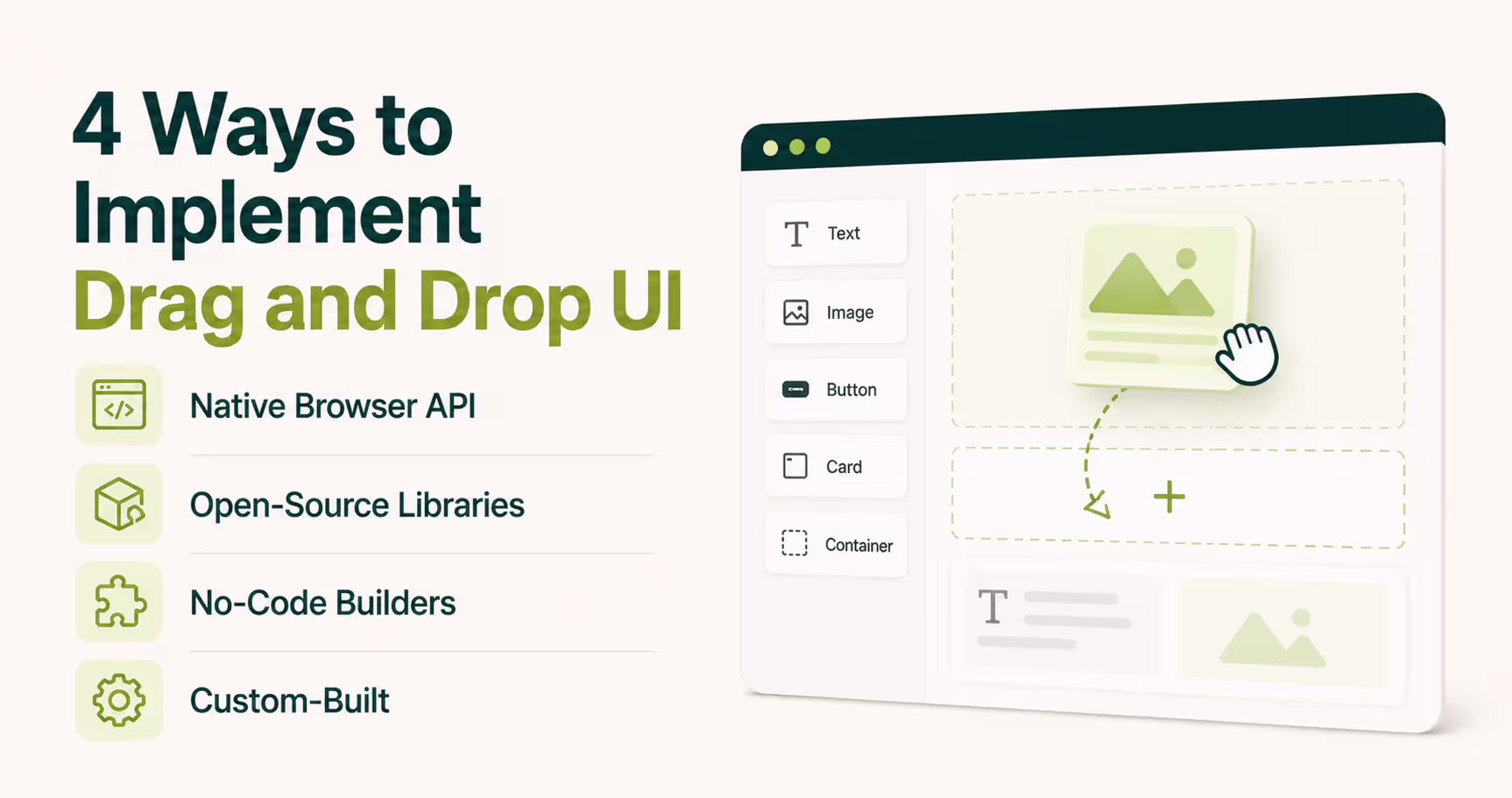 Illustration showing four ways to implement drag and drop UI including native browser API, open-source libraries, no-code builders, and custom-built solutions.