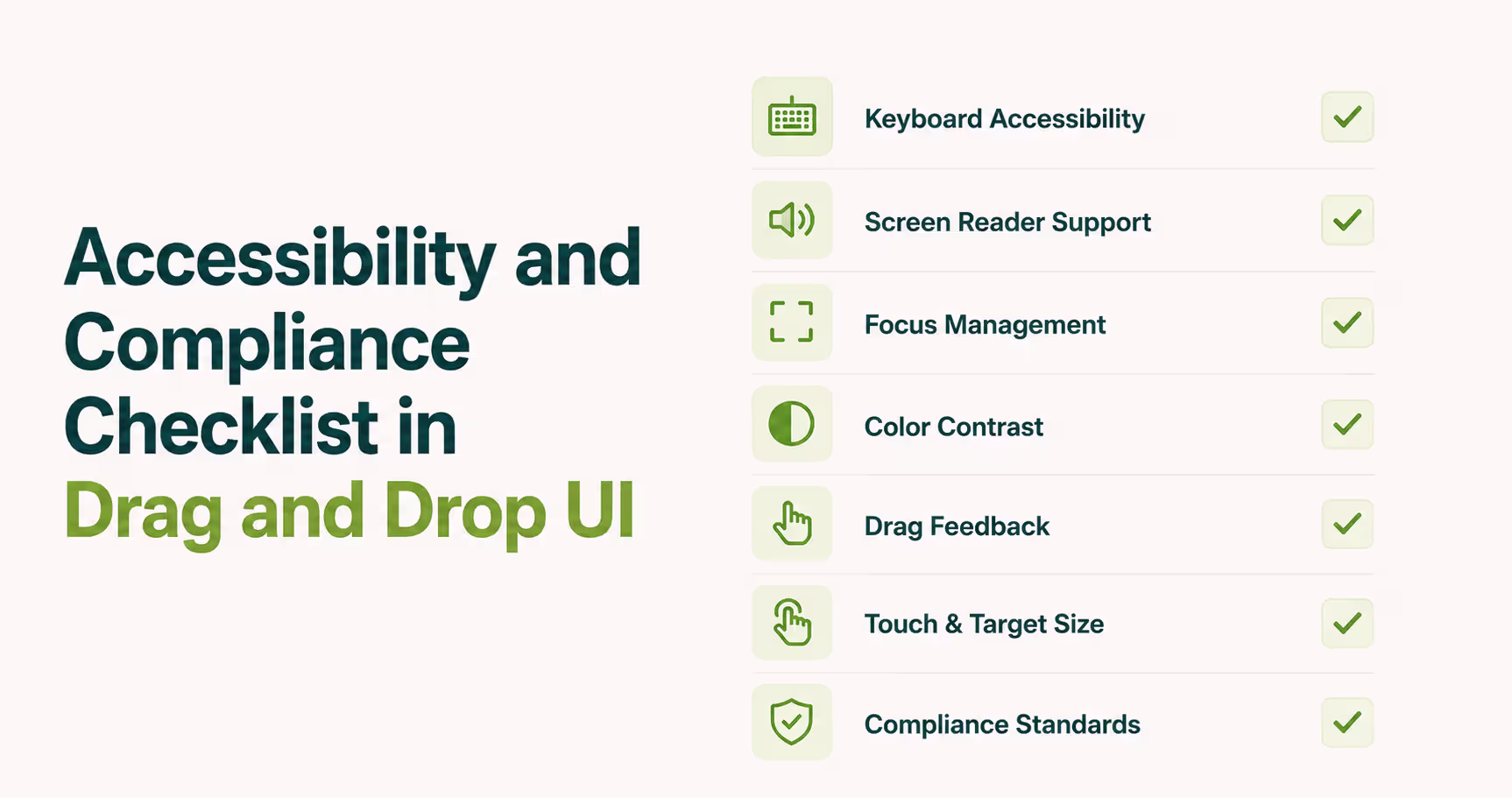 Accessibility and compliance checklist for drag and drop UI design showing keyboard accessibility, screen reader support, focus management, color contrast, drag feedback, touch targets, and compliance standards.