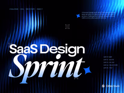 Editorial SaaS design sprint thumbnail with bold typography and a blue abstract background representing a five-day product design sprint for B2B SaaS teams to validate ideas before development.
