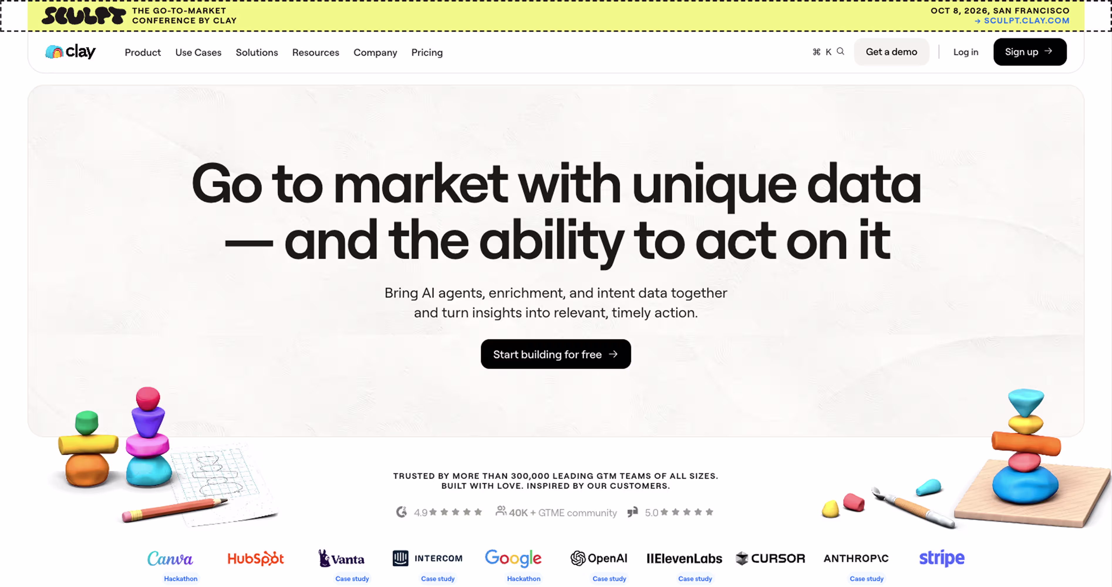 Clay homepage screenshot highlighting go-to-market software and AI-driven growth platform design