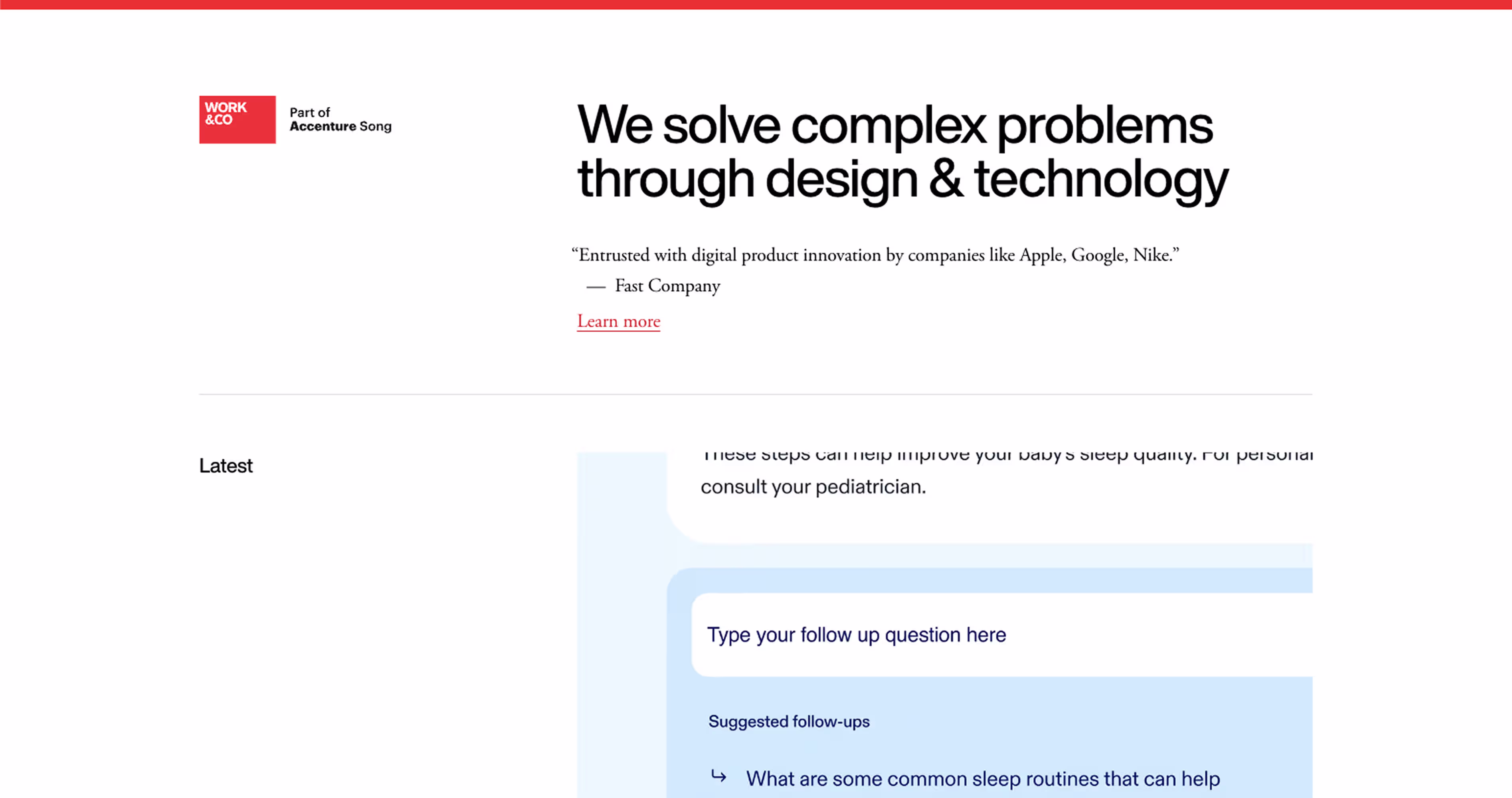 Work and Co homepage featuring design and technology services for digital product innovation
