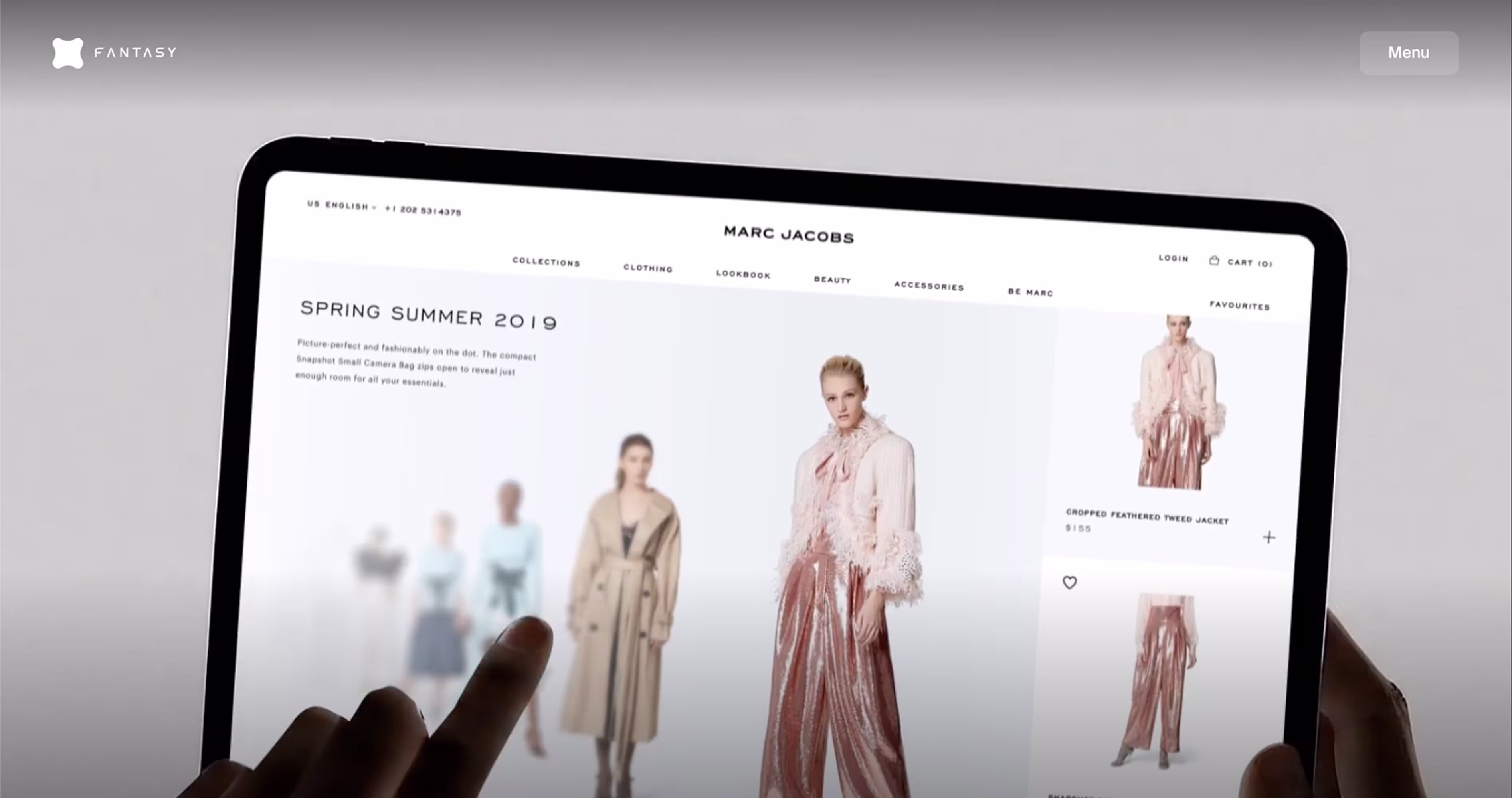 Fantasy portfolio screenshot showing premium ecommerce product design on a tablet interface