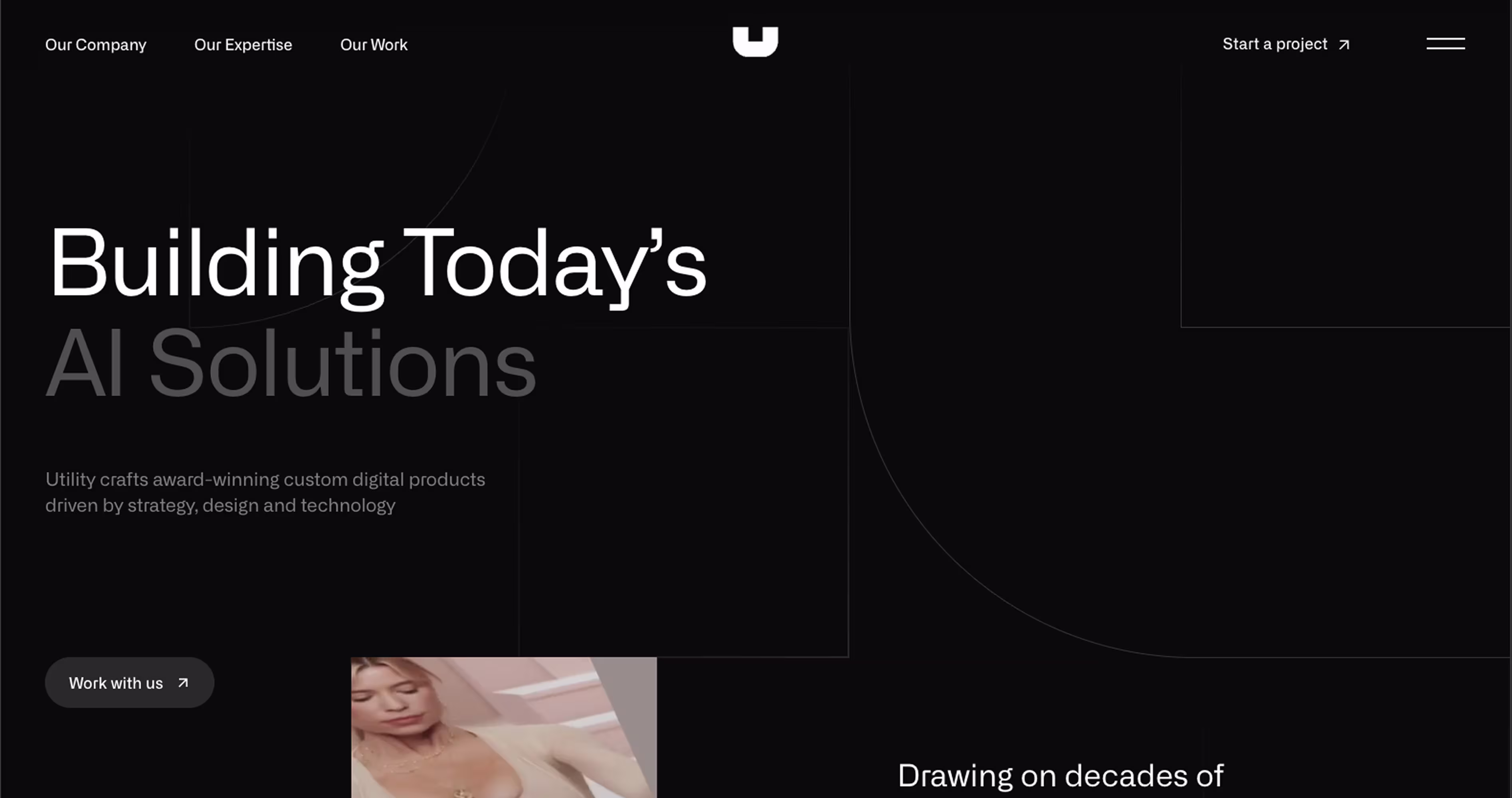 Utility homepage promoting AI solutions and custom digital product design with a dark visual style