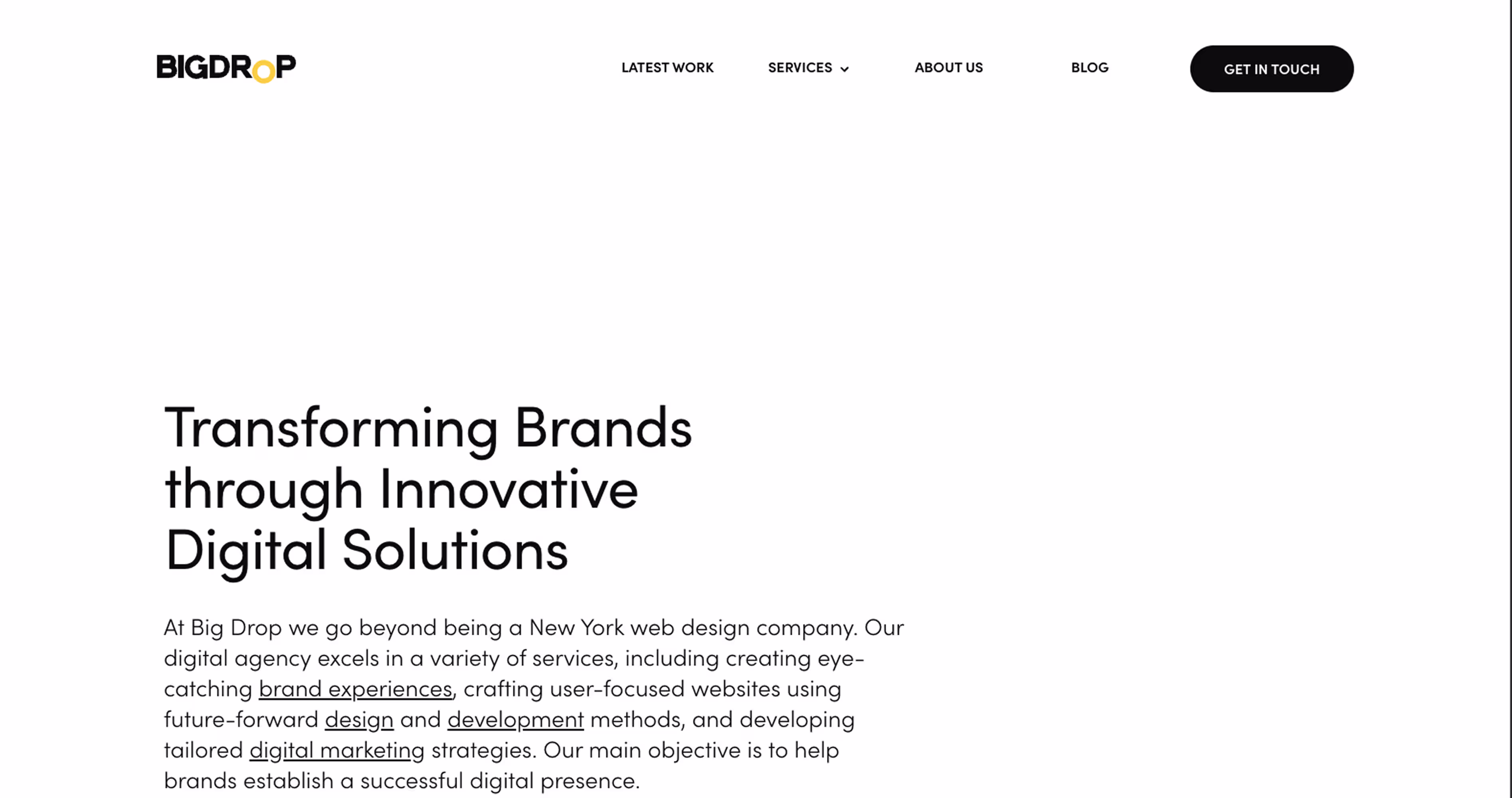 Big Drop homepage presenting digital solutions and brand-focused design services in New York