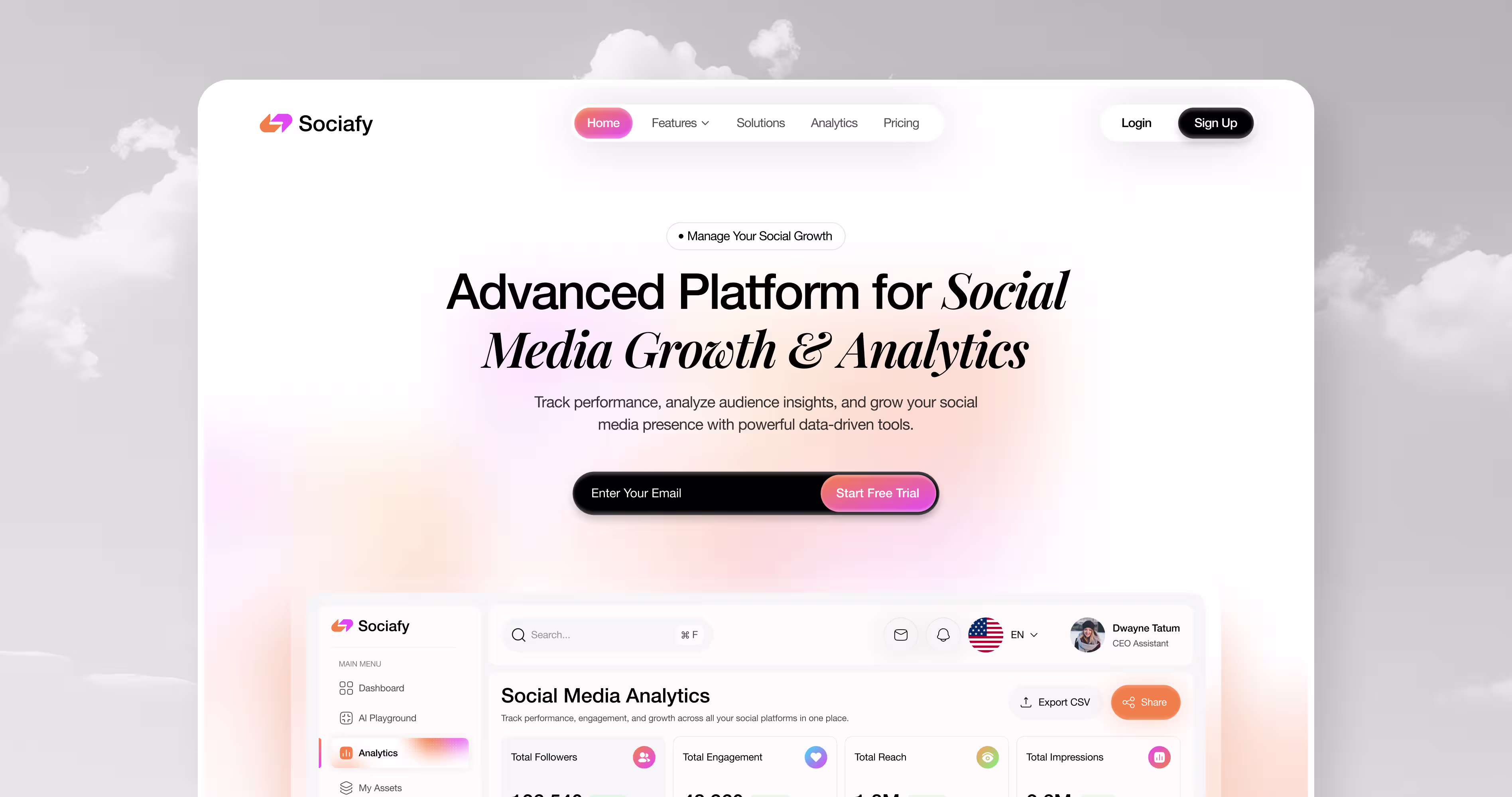 SaaS landing page design with growth and analytics dashboard