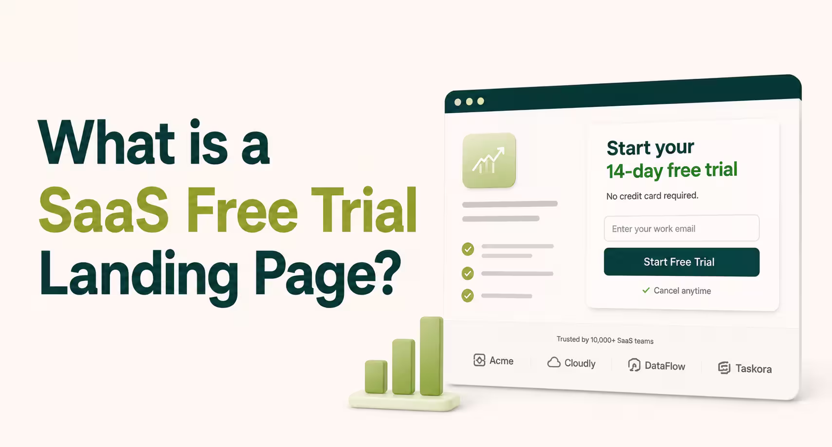 Illustration explaining what a SaaS free trial landing page is with a signup form, trust signals, and a free trial CTA designed to convert website visitors into users.