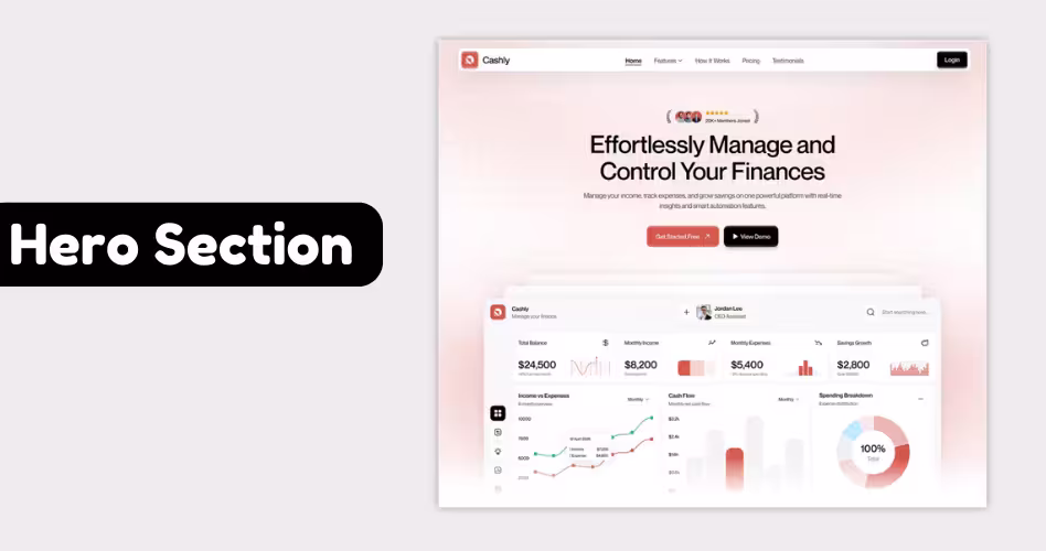 SaaS homepage hero section example with clear value proposition, product dashboard preview, headline, and call-to-action buttons.