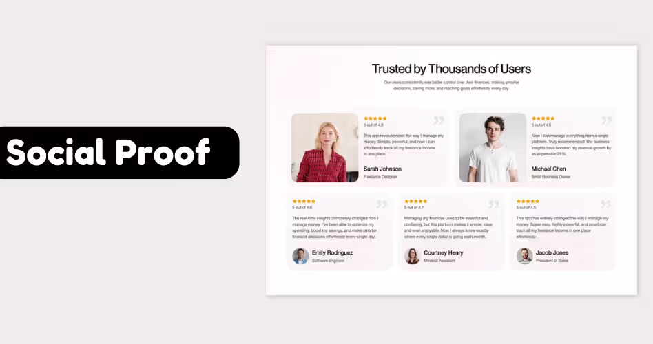Social proof section example featuring customer testimonials, ratings, reviews, and trust-building elements on a SaaS homepage.