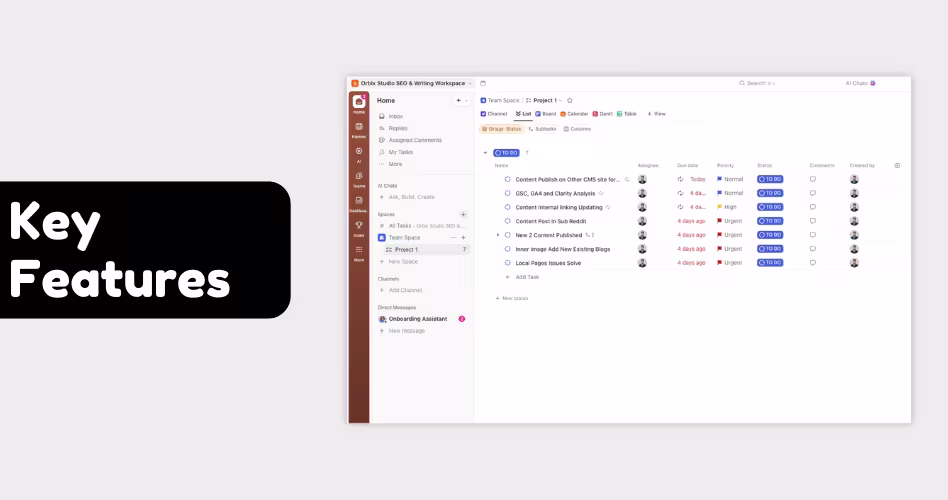 Key features section on a SaaS homepage highlighting core capabilities, workflow management, collaboration tools, and productivity functions.
