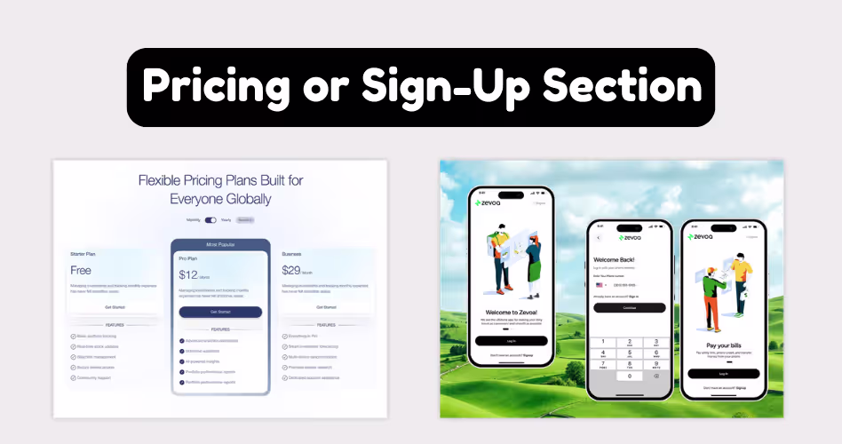 SaaS pricing and sign-up section displaying subscription plans, free trial options, feature comparisons, and onboarding flows.