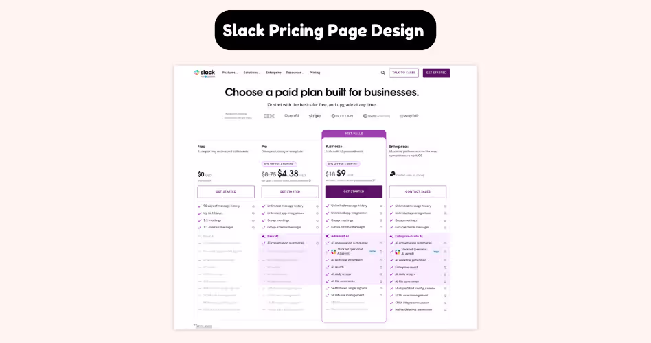 Slack pricing page design example highlighting recommended plans, feature comparisons, and conversion-focused pricing UX.