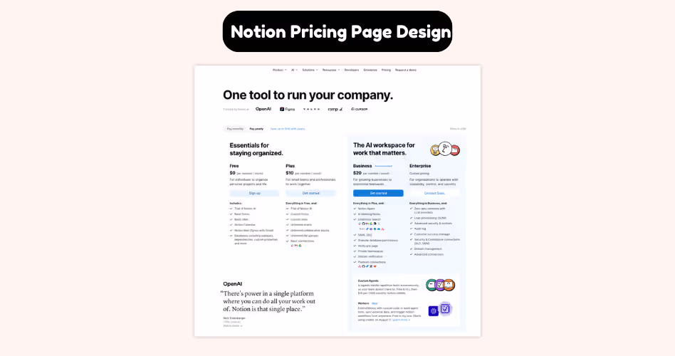 Notion pricing page design example featuring clean subscription plans, enterprise options, and user-friendly pricing comparisons.