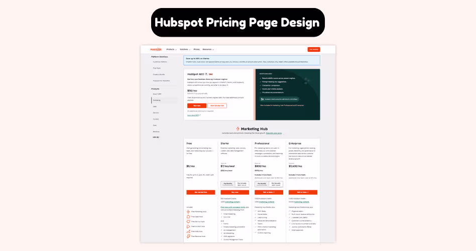 HubSpot pricing page design example displaying tiered SaaS pricing plans, business growth packages, and conversion optimization elements.