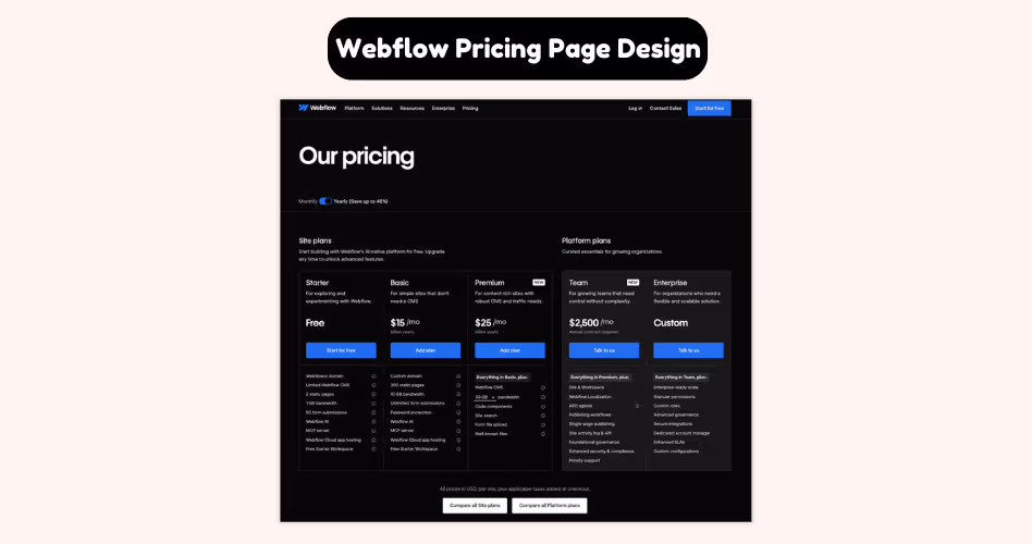 Webflow pricing page design example displaying website plans, workspace pricing, SaaS subscriptions, and plan comparison tables.