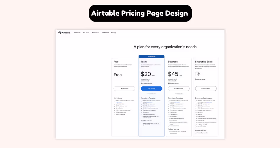 Airtable pricing page design example featuring tiered subscription plans, feature comparisons, and SaaS pricing strategy.