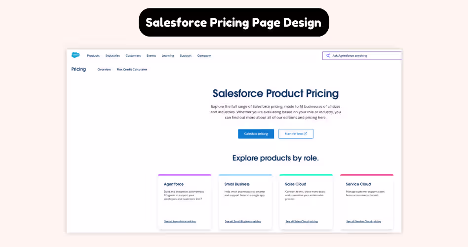 Salesforce pricing page design showcasing enterprise SaaS pricing, custom plan structures, and sales-led conversion strategy.