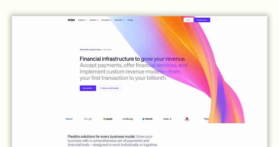 Stripe-style SaaS website featuring enterprise-level design, developer resources, product marketing, and interactive user experiences.