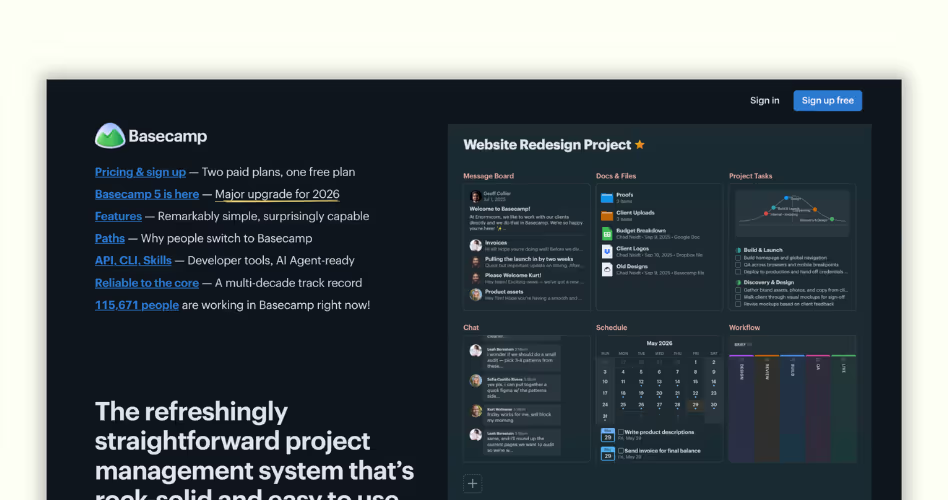 Basecamp-style SaaS website example featuring simple navigation, clear messaging, and a streamlined product-focused experience.