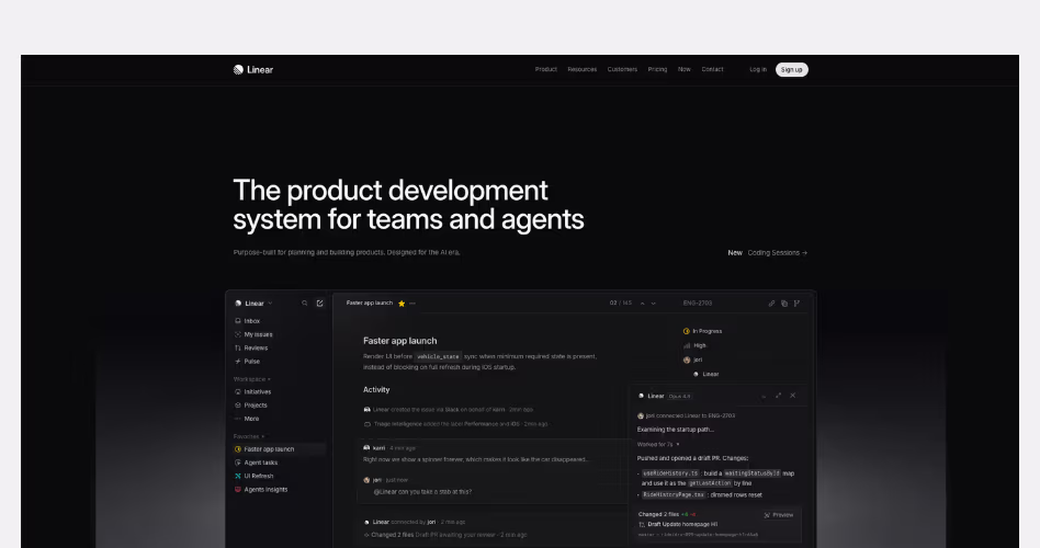 Linear SaaS website example showcasing product-led design, interface previews, and streamlined user experience.