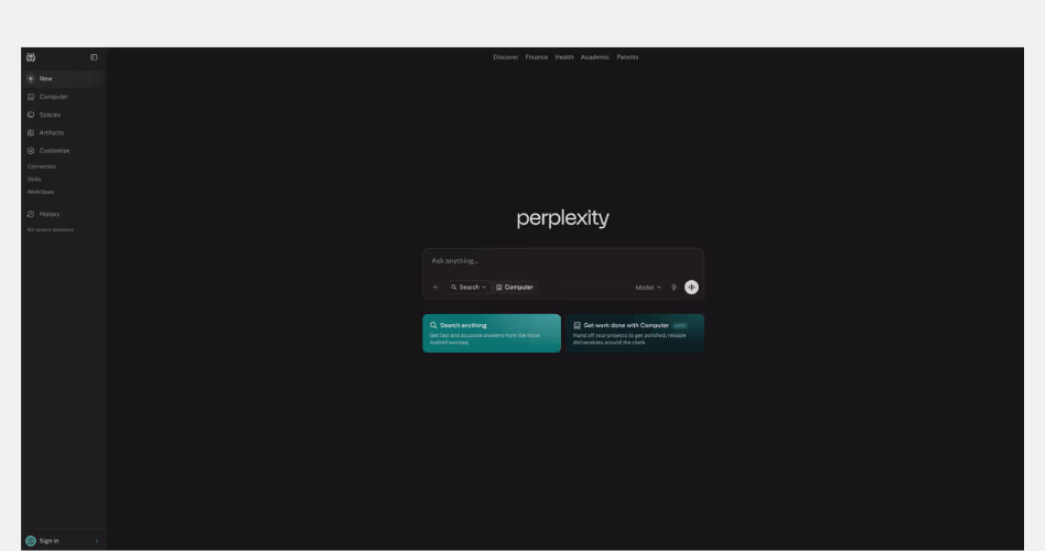 Perplexity SaaS website example featuring minimalist design, AI search experience, and frictionless user interaction.