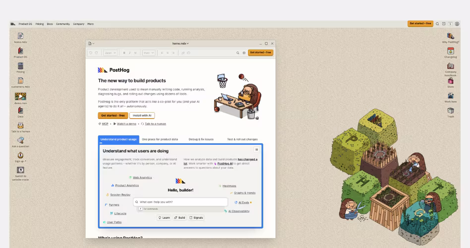 PostHog SaaS website example featuring product transparency, open-source positioning, and unconventional web design.