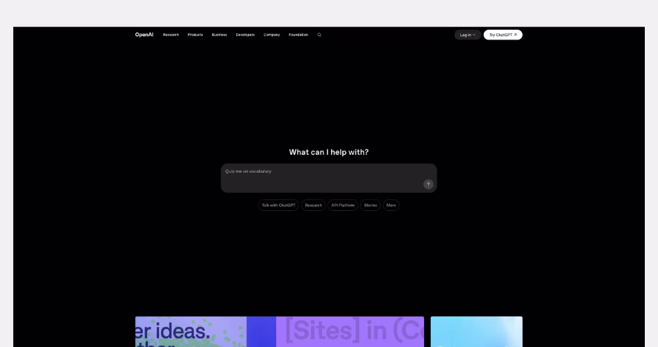 OpenAI SaaS website example showcasing AI product discovery, content-driven design, and ecosystem storytelling