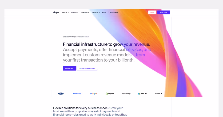 Stripe SaaS website example highlighting financial infrastructure storytelling, product-led design, and scalable business growth