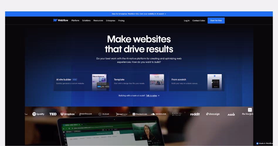 Webflow SaaS website example showcasing storytelling-driven design, customer success stories, and conversion-focused user experience
