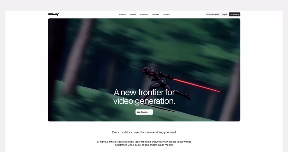 Runway SaaS website example showcasing cinematic storytelling, AI innovation, and immersive visual design.