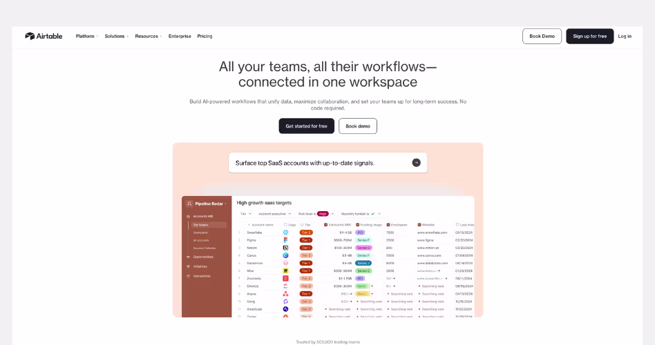 Airtable SaaS website example featuring workflow automation, flexible databases, and use-case-driven design