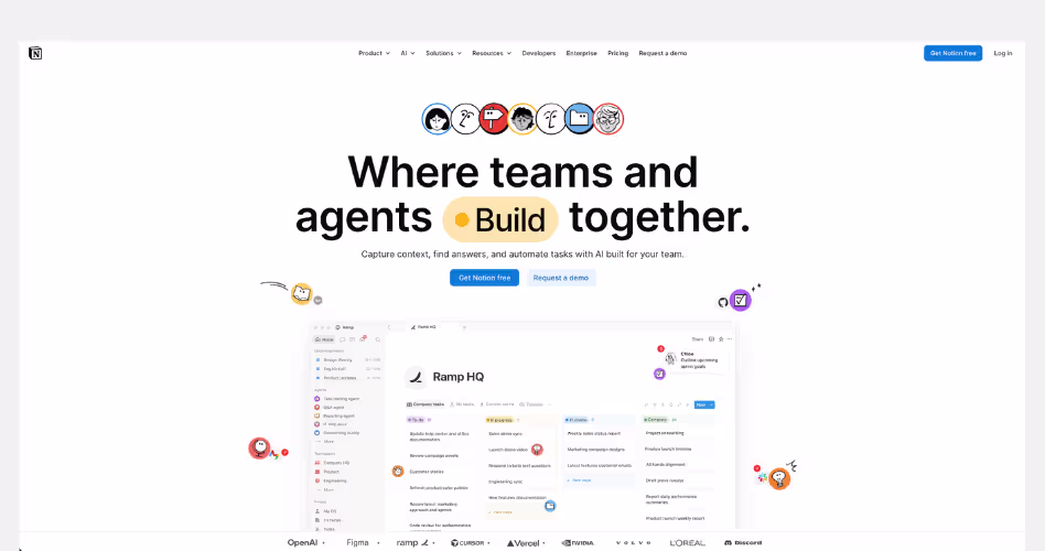 Notion SaaS website example highlighting connected workspaces, AI collaboration, and unified product experiences.