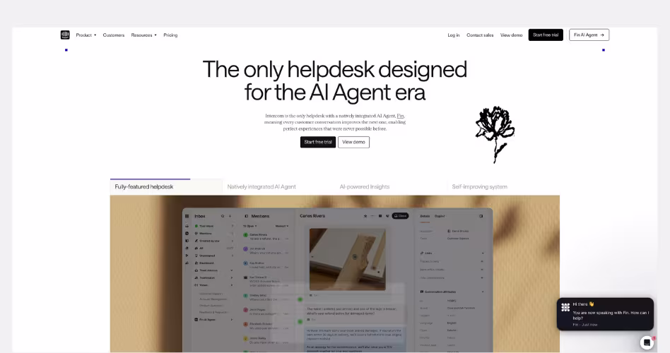 Intercom SaaS website example highlighting AI-first customer support, conversational design, and product workflows.
