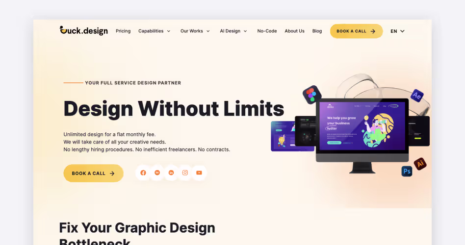 Duck.Design homepage — unlimited subscription design service, #15 dashboard design agency reviewed by Codeair Software Solutions